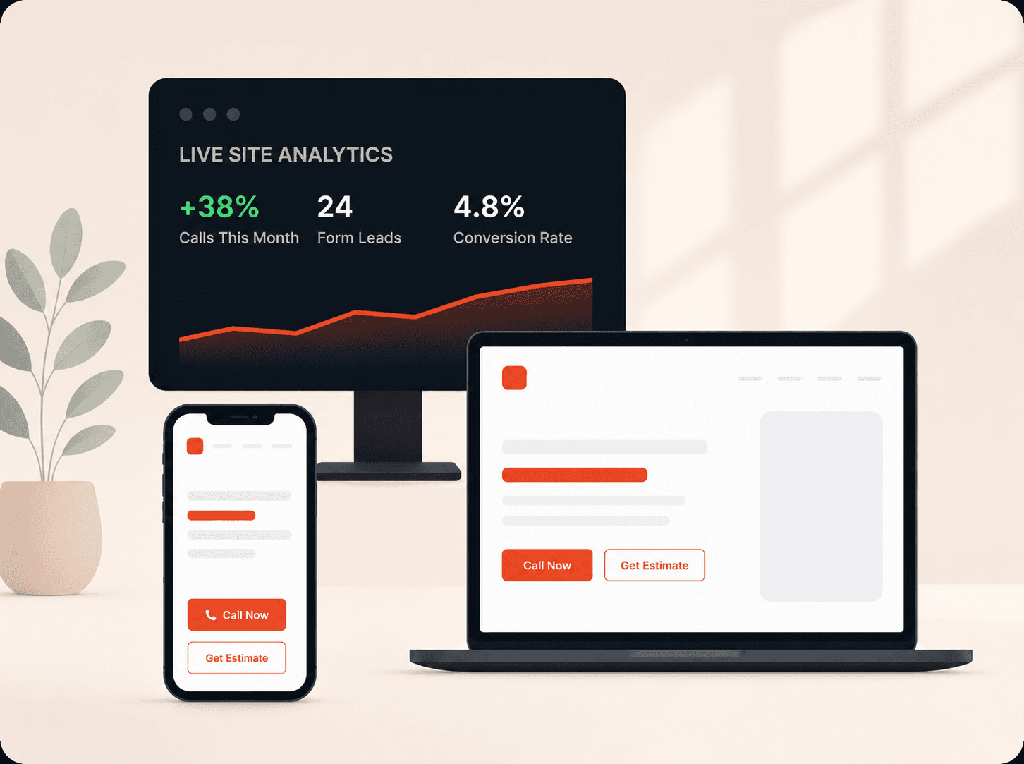 Website analytics dashboard, desktop, and mobile views of a Robinson Web Solutions site showing Call Now and Get Estimate buttons